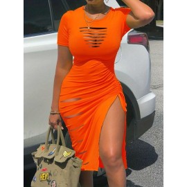 Sexy Cut Out Bodycon Dress - Drawstring Waist, Micro Elasticity, Crew Neck, Short Sleeve, Solid Color, Polyester, Machine Washable, Summer Essential for Women