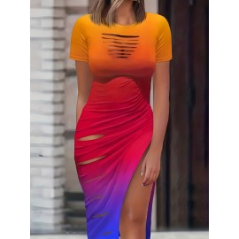 Sexy Cut Out Bodycon Dress - Drawstring Waist, Micro Elasticity, Crew Neck, Short Sleeve, Solid Color, Polyester, Machine Washable, Summer Essential for Women