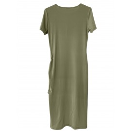 Sexy Cut Out Bodycon Dress - Drawstring Waist, Micro Elasticity, Crew Neck, Short Sleeve, Solid Color, Polyester, Machine Washable, Summer Essential for Women