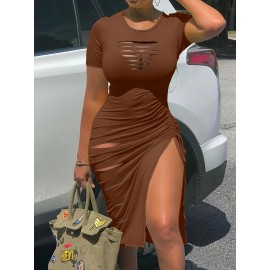 Sexy Cut Out Bodycon Dress - Drawstring Waist, Micro Elasticity, Crew Neck, Short Sleeve, Solid Color, Polyester, Machine Washable, Summer Essential for Women