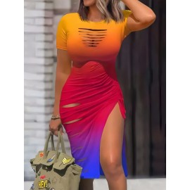 Sexy Cut Out Bodycon Dress - Drawstring Waist, Micro Elasticity, Crew Neck, Short Sleeve, Solid Color, Polyester, Machine Washable, Summer Essential for Women
