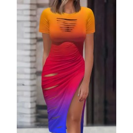 Sexy Cut Out Bodycon Dress - Drawstring Waist, Micro Elasticity, Crew Neck, Short Sleeve, Solid Color, Polyester, Machine Washable, Summer Essential for Women