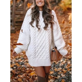 Cozy Cable Knit Sweater Dress - Soft, Casual, Solid-Colored, Long Sleeve, Comfortable, Relaxed Fit, Women's Winter Clothing, Everyday Wear, Office Lady Style