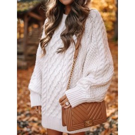 Cozy Cable Knit Sweater Dress - Soft, Casual, Solid-Colored, Long Sleeve, Comfortable, Relaxed Fit, Women's Winter Clothing, Everyday Wear, Office Lady Style