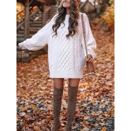 Cozy Cable Knit Sweater Dress - Soft, Casual, Solid-Colored, Long Sleeve, Comfortable, Relaxed Fit, Women's Winter Clothing, Everyday Wear, Office Lady Style