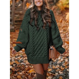 Cozy Cable Knit Sweater Dress - Soft, Casual, Solid-Colored, Long Sleeve, Comfortable, Relaxed Fit, Women's Winter Clothing, Everyday Wear, Office Lady Style