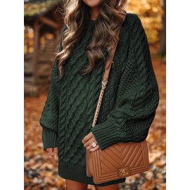 Cozy Cable Knit Sweater Dress - Soft, Casual, Solid-Colored, Long Sleeve, Comfortable, Relaxed Fit, Women's Winter Clothing, Everyday Wear, Office Lady Style