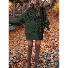 Cozy Cable Knit Sweater Dress - Soft, Casual, Solid-Colored, Long Sleeve, Comfortable, Relaxed Fit, Women's Winter Clothing, Everyday Wear, Office Lady Style
