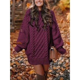 Cozy Cable Knit Sweater Dress - Soft, Casual, Solid-Colored, Long Sleeve, Comfortable, Relaxed Fit, Women's Winter Clothing, Everyday Wear, Office Lady Style