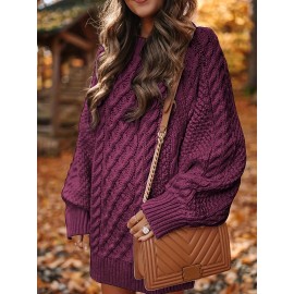 Cozy Cable Knit Sweater Dress - Soft, Casual, Solid-Colored, Long Sleeve, Comfortable, Relaxed Fit, Women's Winter Clothing, Everyday Wear, Office Lady Style