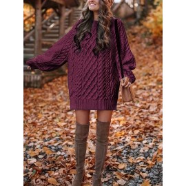 Cozy Cable Knit Sweater Dress - Soft, Casual, Solid-Colored, Long Sleeve, Comfortable, Relaxed Fit, Women's Winter Clothing, Everyday Wear, Office Lady Style