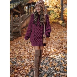 Cozy Cable Knit Sweater Dress - Soft, Casual, Solid-Colored, Long Sleeve, Comfortable, Relaxed Fit, Women's Winter Clothing, Everyday Wear, Office Lady Style