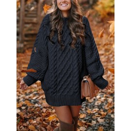 Cozy Cable Knit Sweater Dress - Soft, Casual, Solid-Colored, Long Sleeve, Comfortable, Relaxed Fit, Women's Winter Clothing, Everyday Wear, Office Lady Style