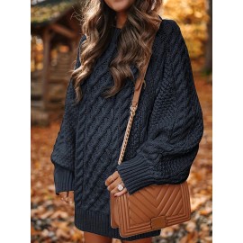 Cozy Cable Knit Sweater Dress - Soft, Casual, Solid-Colored, Long Sleeve, Comfortable, Relaxed Fit, Women's Winter Clothing, Everyday Wear, Office Lady Style