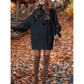 Cozy Cable Knit Sweater Dress - Soft, Casual, Solid-Colored, Long Sleeve, Comfortable, Relaxed Fit, Women's Winter Clothing, Everyday Wear, Office Lady Style