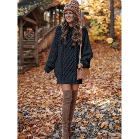 Cozy Cable Knit Sweater Dress - Soft, Casual, Solid-Colored, Long Sleeve, Comfortable, Relaxed Fit, Women's Winter Clothing, Everyday Wear, Office Lady Style