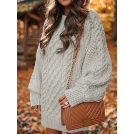 Cozy Cable Knit Sweater Dress - Soft, Casual, Solid-Colored, Long Sleeve, Comfortable, Relaxed Fit, Women's Winter Clothing, Everyday Wear, Office Lady Style