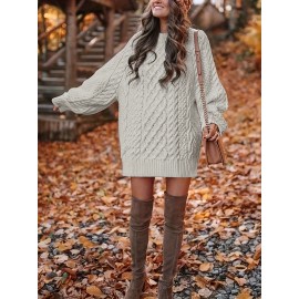 Cozy Cable Knit Sweater Dress - Soft, Casual, Solid-Colored, Long Sleeve, Comfortable, Relaxed Fit, Women's Winter Clothing, Everyday Wear, Office Lady Style