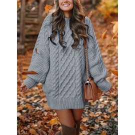 Cozy Cable Knit Sweater Dress - Soft, Casual, Solid-Colored, Long Sleeve, Comfortable, Relaxed Fit, Women's Winter Clothing, Everyday Wear, Office Lady Style