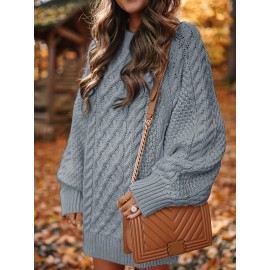 Cozy Cable Knit Sweater Dress - Soft, Casual, Solid-Colored, Long Sleeve, Comfortable, Relaxed Fit, Women's Winter Clothing, Everyday Wear, Office Lady Style
