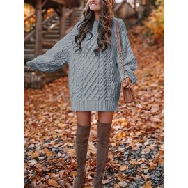 Cozy Cable Knit Sweater Dress - Soft, Casual, Solid-Colored, Long Sleeve, Comfortable, Relaxed Fit, Women's Winter Clothing, Everyday Wear, Office Lady Style