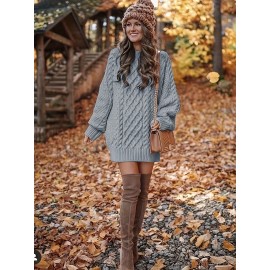 Cozy Cable Knit Sweater Dress - Soft, Casual, Solid-Colored, Long Sleeve, Comfortable, Relaxed Fit, Women's Winter Clothing, Everyday Wear, Office Lady Style