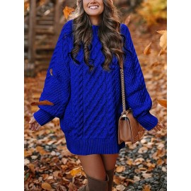 Cozy Cable Knit Sweater Dress - Soft, Casual, Solid-Colored, Long Sleeve, Comfortable, Relaxed Fit, Women's Winter Clothing, Everyday Wear, Office Lady Style