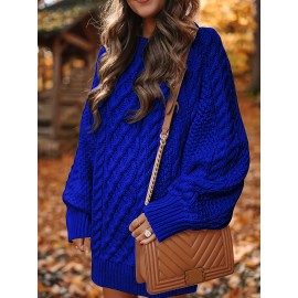 Cozy Cable Knit Sweater Dress - Soft, Casual, Solid-Colored, Long Sleeve, Comfortable, Relaxed Fit, Women's Winter Clothing, Everyday Wear, Office Lady Style