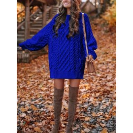 Cozy Cable Knit Sweater Dress - Soft, Casual, Solid-Colored, Long Sleeve, Comfortable, Relaxed Fit, Women's Winter Clothing, Everyday Wear, Office Lady Style