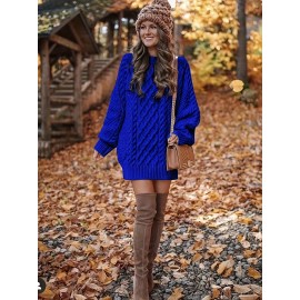 Cozy Cable Knit Sweater Dress - Soft, Casual, Solid-Colored, Long Sleeve, Comfortable, Relaxed Fit, Women's Winter Clothing, Everyday Wear, Office Lady Style