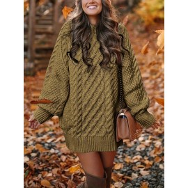 Cozy Cable Knit Sweater Dress - Soft, Casual, Solid-Colored, Long Sleeve, Comfortable, Relaxed Fit, Women's Winter Clothing, Everyday Wear, Office Lady Style
