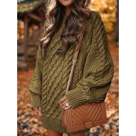 Cozy Cable Knit Sweater Dress - Soft, Casual, Solid-Colored, Long Sleeve, Comfortable, Relaxed Fit, Women's Winter Clothing, Everyday Wear, Office Lady Style