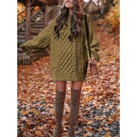 Cozy Cable Knit Sweater Dress - Soft, Casual, Solid-Colored, Long Sleeve, Comfortable, Relaxed Fit, Women's Winter Clothing, Everyday Wear, Office Lady Style