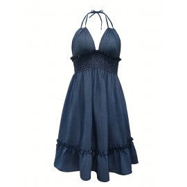 Solid Color Spaghetti Strap Ruffle Trim Pendulum Dress - Sexy Summer Party Wear with Shirred Waist, No Elasticity - Womens Polyester Clothing for Special Occasions