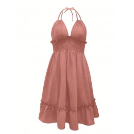 Solid Color Spaghetti Strap Ruffle Trim Pendulum Dress - Sexy Summer Party Wear with Shirred Waist, No Elasticity - Womens Polyester Clothing for Special Occasions