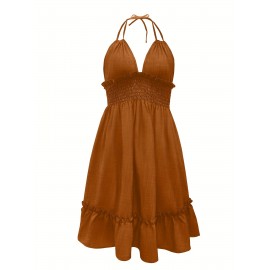 Solid Color Spaghetti Strap Ruffle Trim Pendulum Dress - Sexy Summer Party Wear with Shirred Waist, No Elasticity - Womens Polyester Clothing for Special Occasions