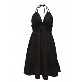 Solid Color Spaghetti Strap Ruffle Trim Pendulum Dress - Sexy Summer Party Wear with Shirred Waist, No Elasticity - Womens Polyester Clothing for Special Occasions