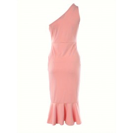 Sexy One Shoulder Ruffle Trim Tunic Dress - Elastic Micro Stretch, Bodycon Fit, Sleeveless, Split Midi, Solid Color, Polyester, Knit Fabric, Perfect for Summer Party Dressing