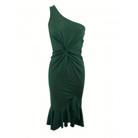 Sexy One Shoulder Ruffle Trim Tunic Dress - Elastic Micro Stretch, Bodycon Fit, Sleeveless, Split Midi, Solid Color, Polyester, Knit Fabric, Perfect for Summer Party Dressing
