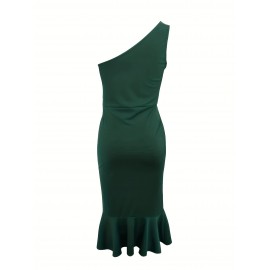 Sexy One Shoulder Ruffle Trim Tunic Dress - Elastic Micro Stretch, Bodycon Fit, Sleeveless, Split Midi, Solid Color, Polyester, Knit Fabric, Perfect for Summer Party Dressing