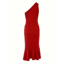 Sexy One Shoulder Ruffle Trim Tunic Dress - Elastic Micro Stretch, Bodycon Fit, Sleeveless, Split Midi, Solid Color, Polyester, Knit Fabric, Perfect for Summer Party Dressing