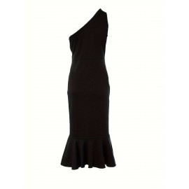 Sexy One Shoulder Ruffle Trim Tunic Dress - Elastic Micro Stretch, Bodycon Fit, Sleeveless, Split Midi, Solid Color, Polyester, Knit Fabric, Perfect for Summer Party Dressing