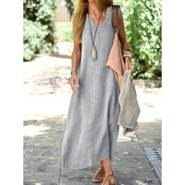 Vibrant Solid Color V-Neck Maxi Dress - Fashionable Sleeveless & Loose Fit - Perfect for Summer & Spring - Womens Casual Everyday Wear