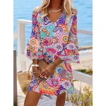 Bohemian Paisley Print Dress - Flowy Layered Skirt - Bell Sleeves - Perfect for Beach Holidays & Casual Summer Days, Womens Fashion