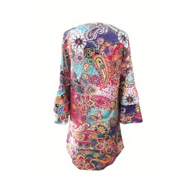 Bohemian Paisley Print Dress - Flowy Layered Skirt - Bell Sleeves - Perfect for Beach Holidays & Casual Summer Days, Womens Fashion