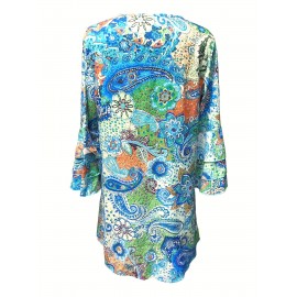 Bohemian Paisley Print Dress - Flowy Layered Skirt - Bell Sleeves - Perfect for Beach Holidays & Casual Summer Days, Womens Fashion