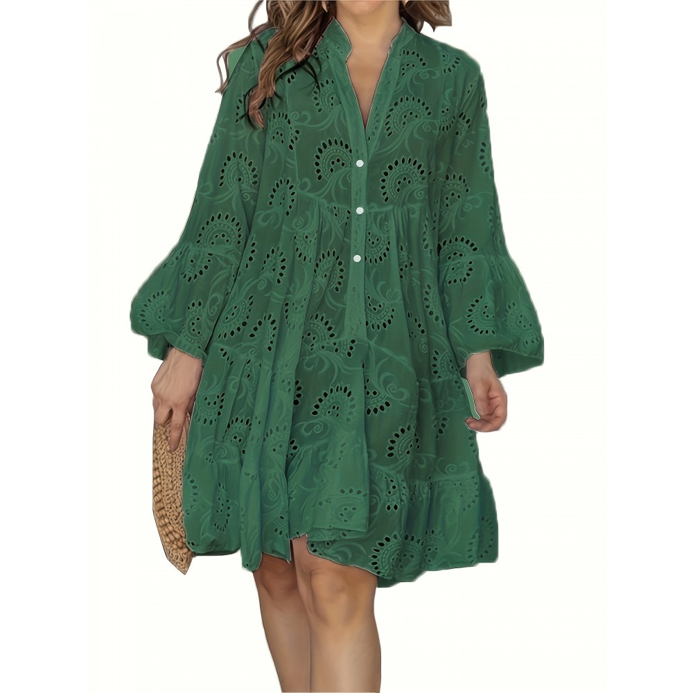 Elegant Ruffled Hem Flared Sleeve Dress - Women's Solid V Neck Wedding Graduation Party Dresses - Perfect for Engagement, Ceremony, Holiday, Vacation, Birthday Occasions