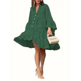 Elegant Ruffled Hem Flared Sleeve Dress - Women's Solid V Neck Wedding Graduation Party Dresses - Perfect for Engagement, Ceremony, Holiday, Vacation, Birthday Occasions
