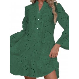 Elegant Ruffled Hem Flared Sleeve Dress - Women's Solid V Neck Wedding Graduation Party Dresses - Perfect for Engagement, Ceremony, Holiday, Vacation, Birthday Occasions