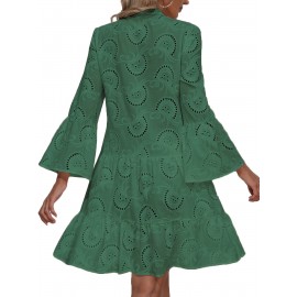 Elegant Ruffled Hem Flared Sleeve Dress - Women's Solid V Neck Wedding Graduation Party Dresses - Perfect for Engagement, Ceremony, Holiday, Vacation, Birthday Occasions